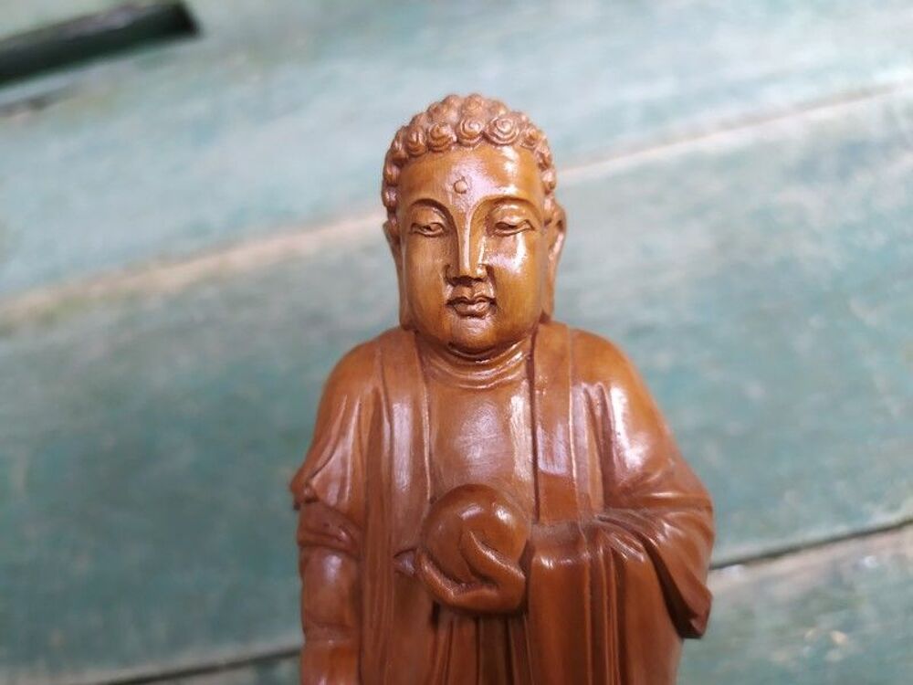 Bouddha en Bois Sculpt&eacute; sur Socle Art Asiatique Asie Chine 