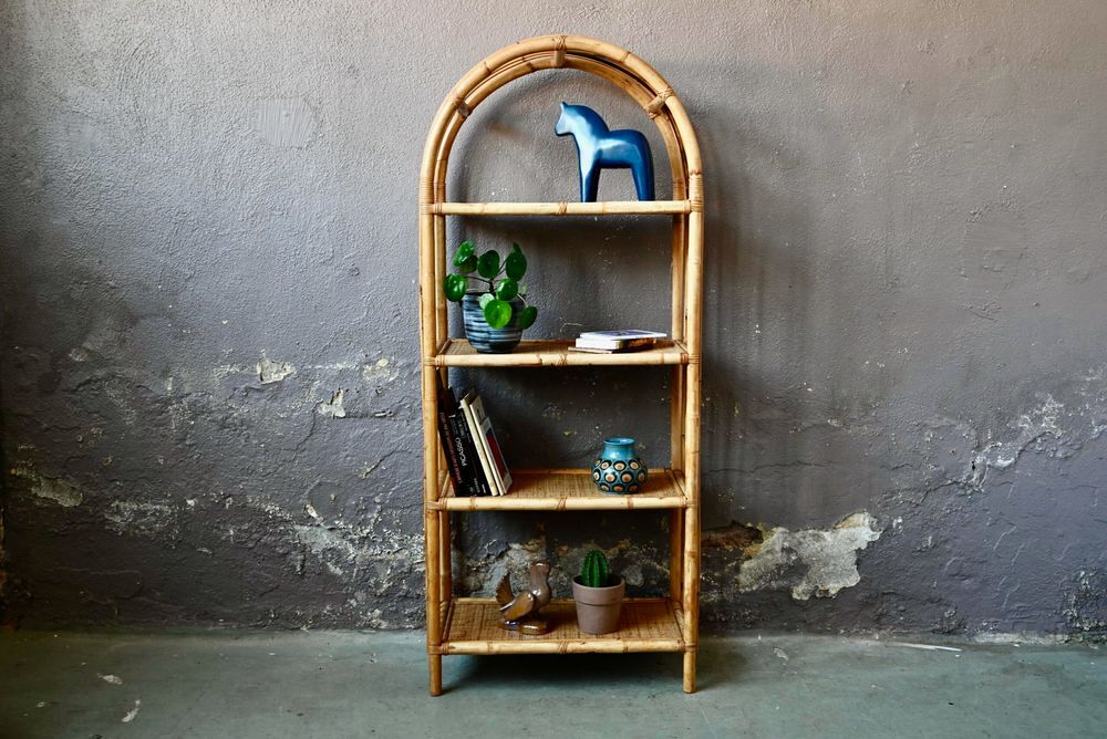 Grande &eacute;tag&egrave;re arche ou biblioth&egrave;que boh&egrave;me en rotin dor&eacute; Meubles