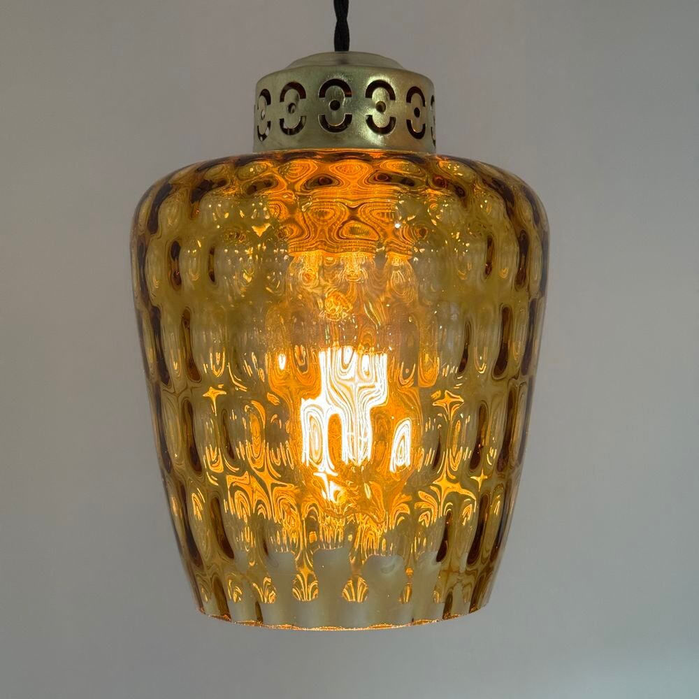 LOT 3 ANCIENNES SUSPENSIONS EN VERRE TEXTUR&Eacute; AMBR&Eacute; VINTAGE Décoration