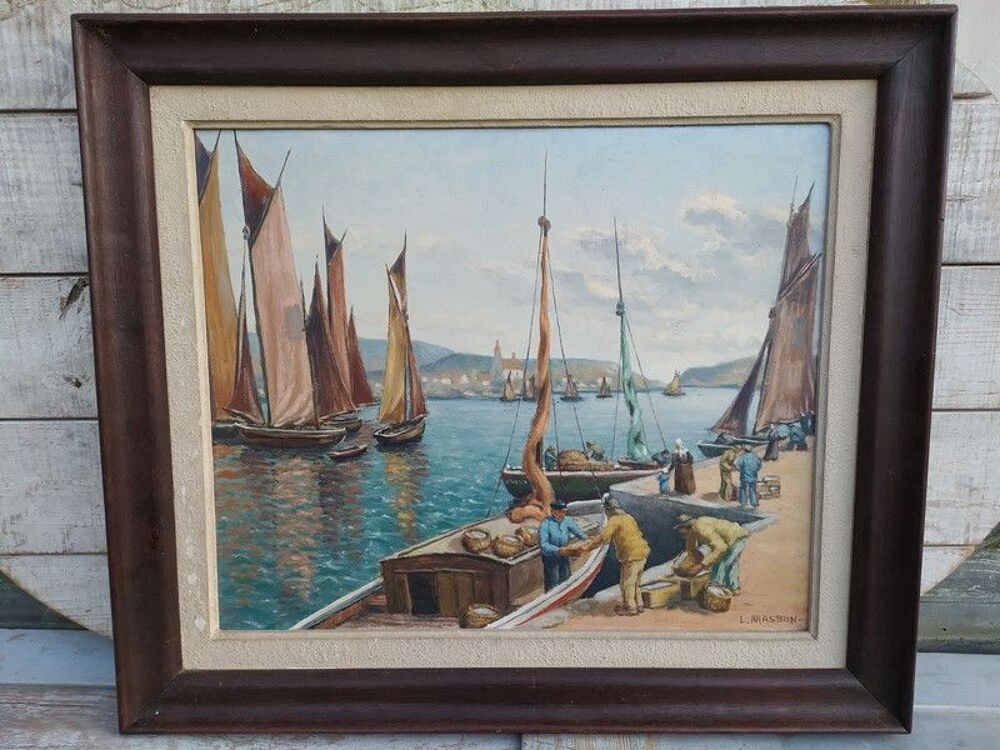 Ancien Tableau Marine P&ecirc;cheurs Bretagne Sign&eacute; L. Masson 