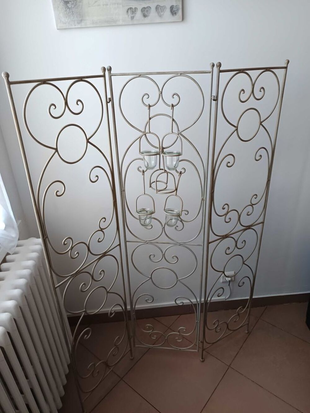 paravent fer forg&eacute; 3 panneaux et 4 supports verre et fer forg&eacute; Décoration