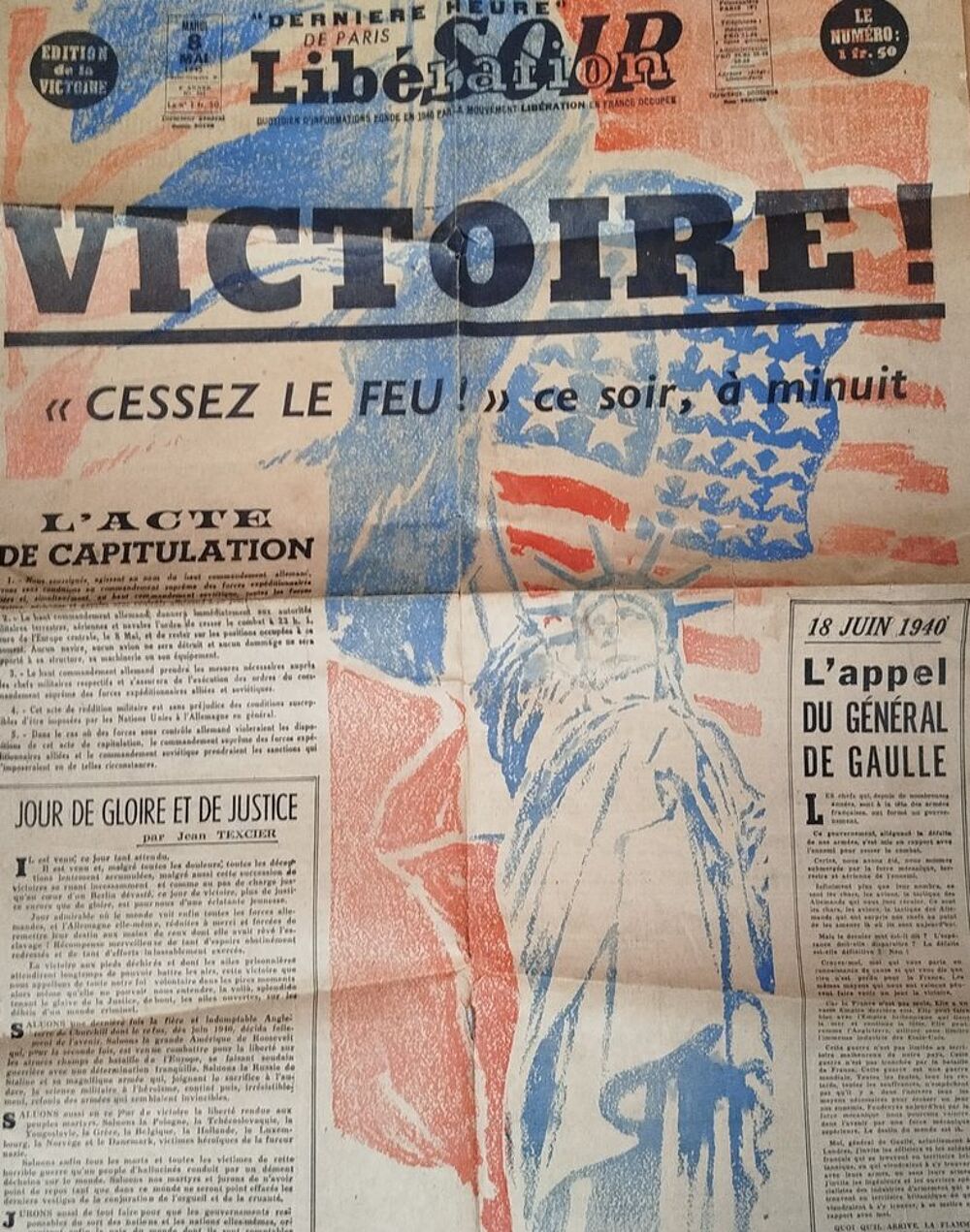 Premi&egrave;re page Journal lib&eacute;ration 8 mai 1945 