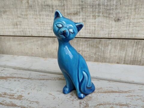 Statue Chat Porcelaine �mail Turquoise 18 Loches (37)