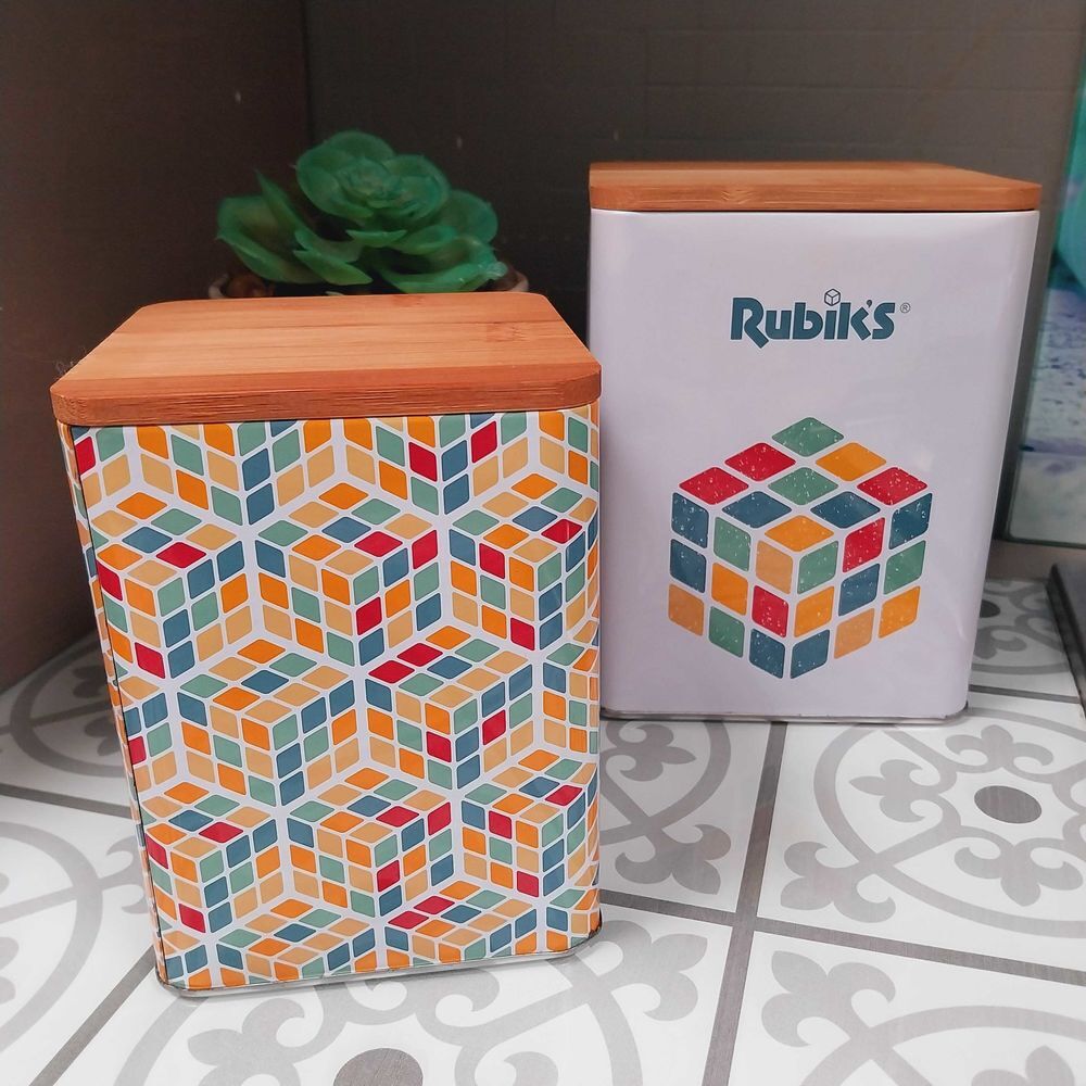 Lot de 2 bo&icirc;tes gigognes m&eacute;talliques Rubik's cube neuves couvercles en bois, Décoration