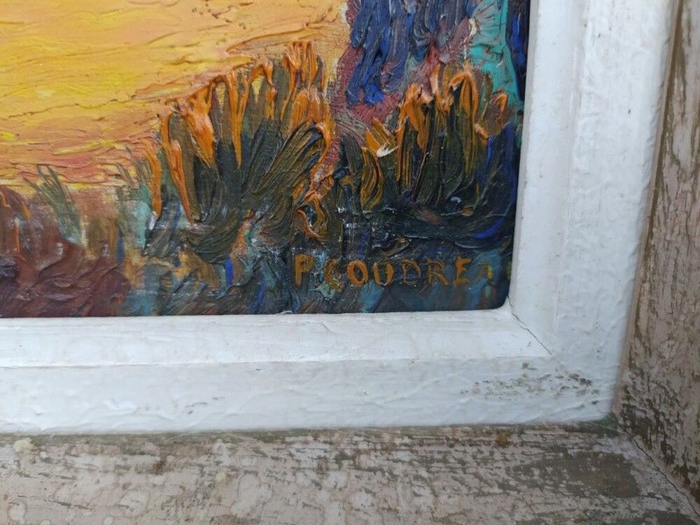Tableau Paysage Lacustre Flamboyant Sign&eacute; P. Coudreau Décoration