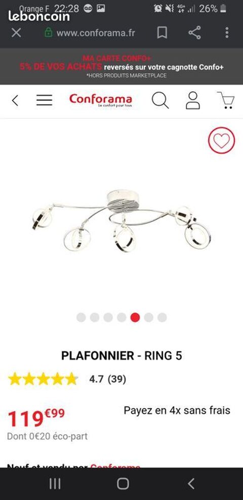 Plafonnier ring 5 conforama 80 Dugny (93)