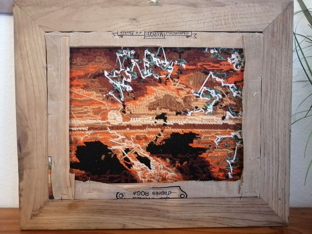 Magnfique tableau CANEVAS laine - Cygnes avec coucher de sol Décoration