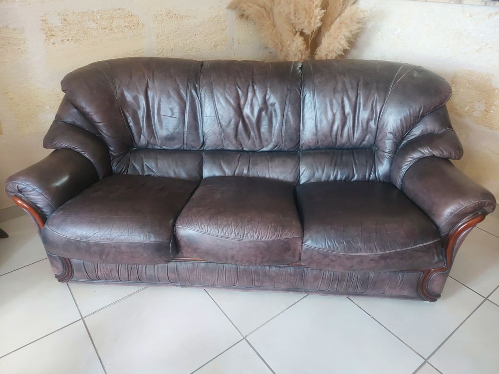 Canap&eacute; 3 places + 2 fauteuils cuir noir Ch&acirc;teau d'Ax Meubles