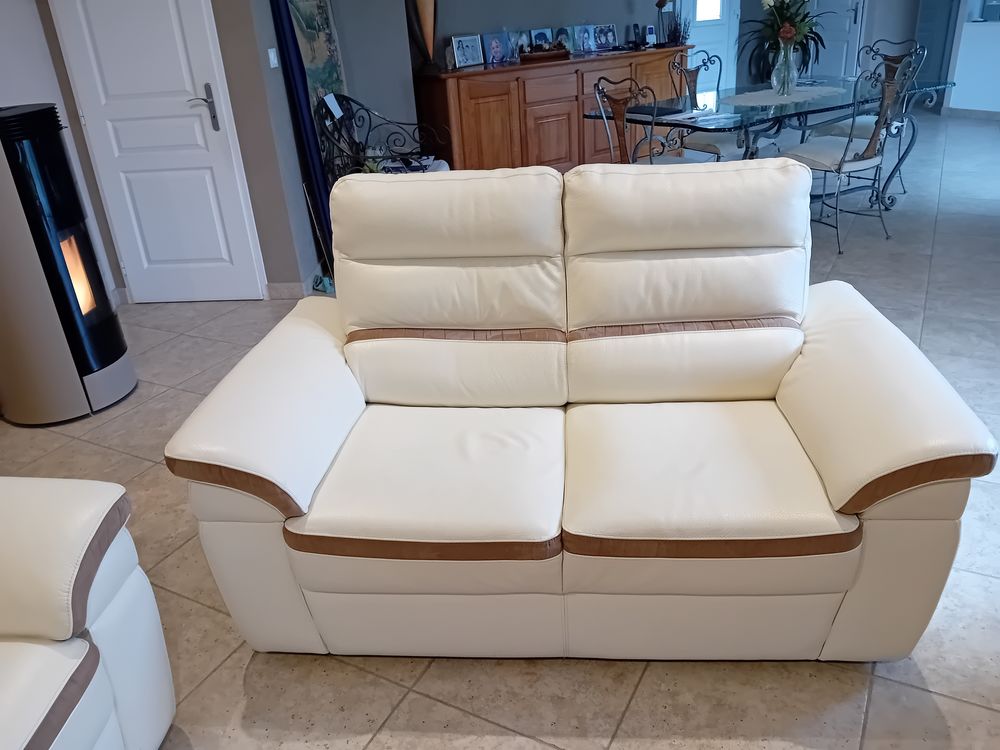 Salon cuir blanc et marron clair 3+2+1 Meubles