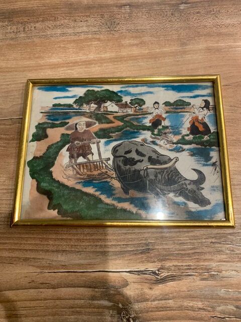 Peinture artisanal ancienne sur soie \'\' vie courante au Vietnam \'\' 25 Saleilles (66)