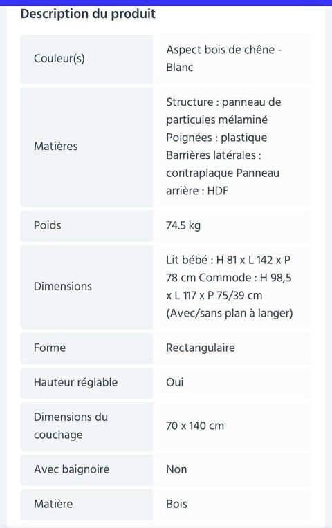 lit volutif 70x140 + commode   langer + matelas de toute 380 Aulnay-sous-Bois (93)