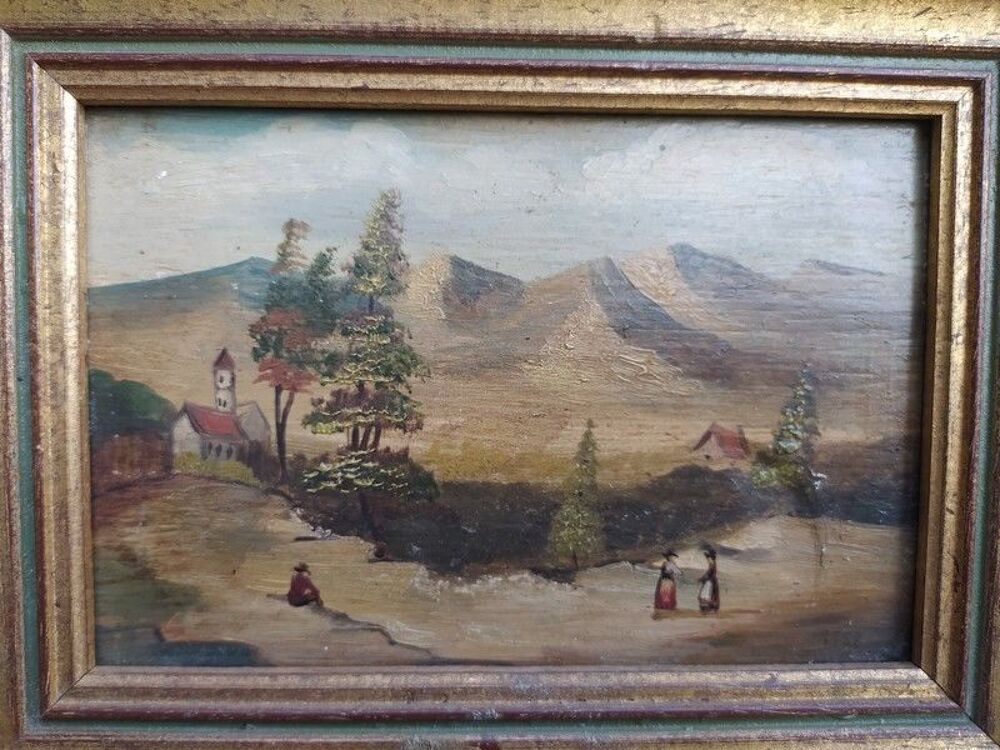Petit Tableau Peint sur Bois Paysage de Montagne Style XIXe 