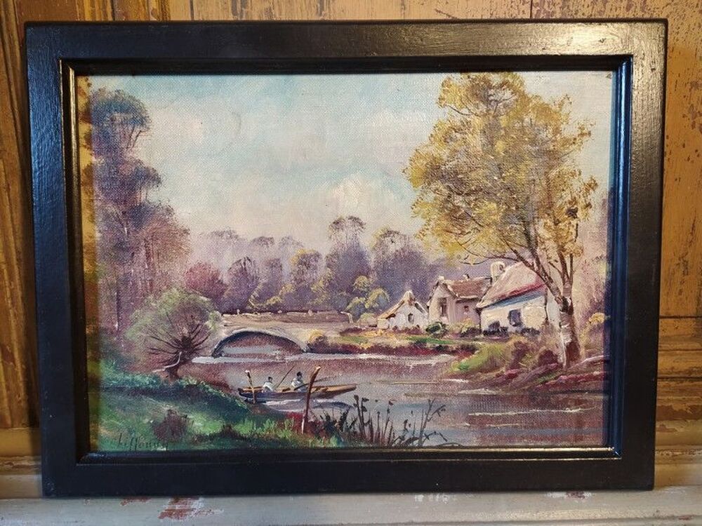 Tableau Paysage Barque P&ecirc;cheurs sur Rivi&egrave;re Sign&eacute; Décoration