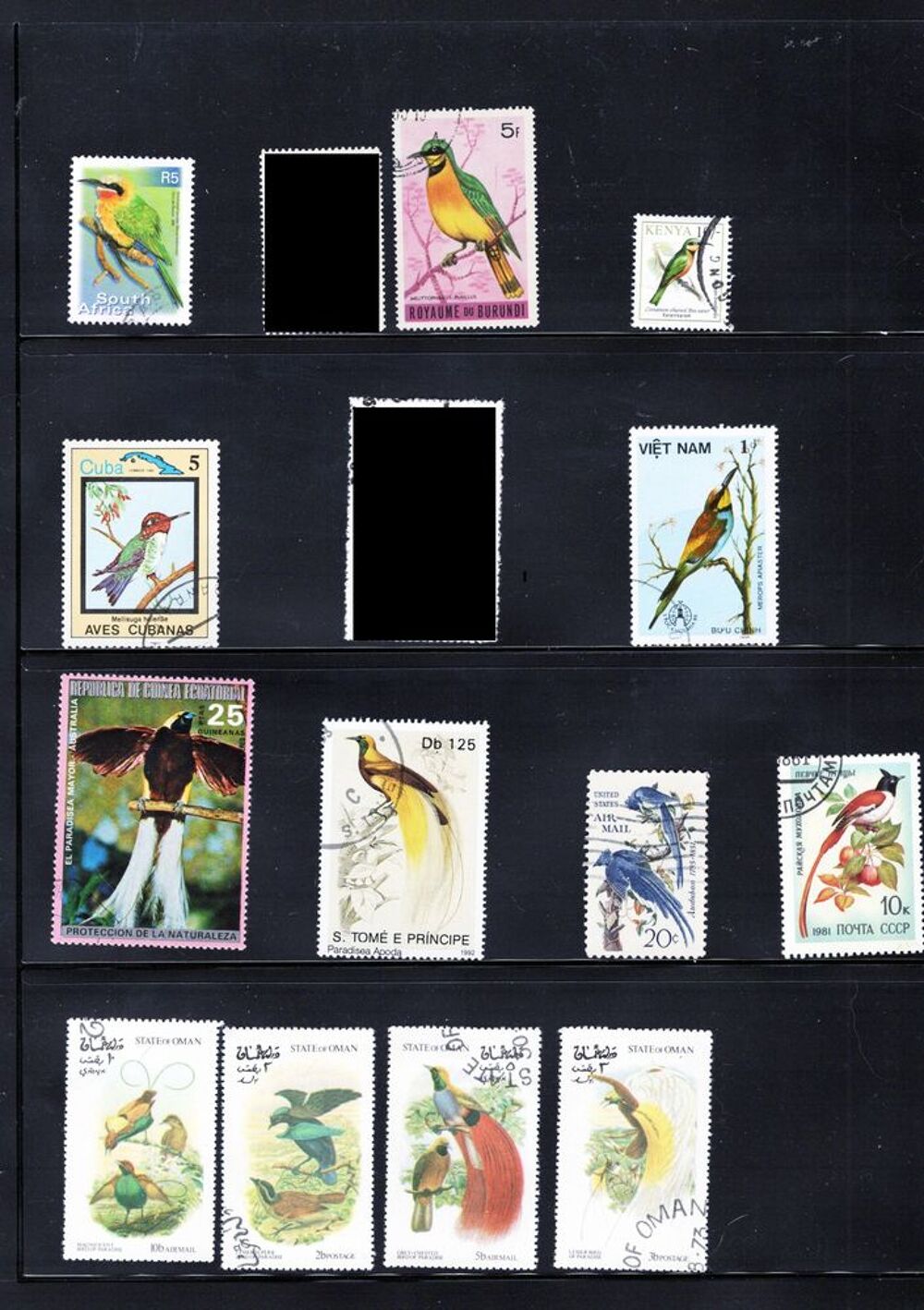 17 timbres du MONDE "COLIBRIS, GUEPIERS, OISEAUX de PARADIS" 