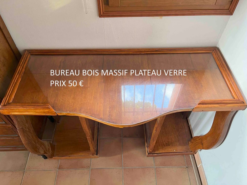 BUREAU BOIS MASSIF PLATEAU VERRE Meubles