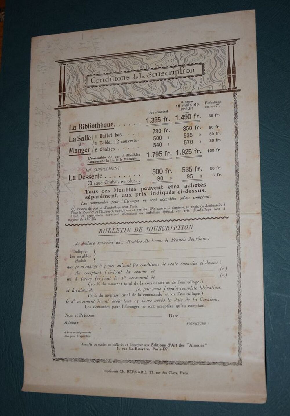 R&eacute;clame Les Meubles Jourdain - Bulletin de Souscription. 