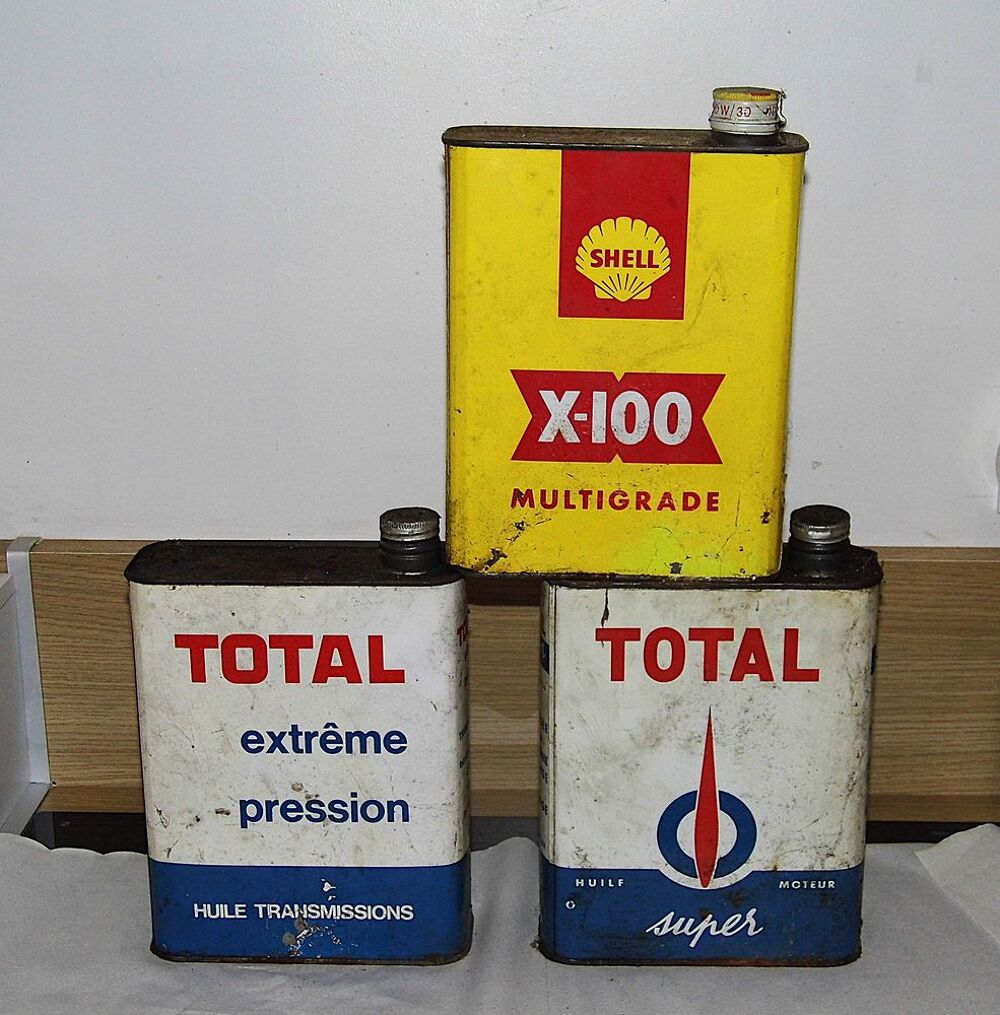 Lot de 3 Bidons huile TOTAL SHEL voiture vintage collection garage 