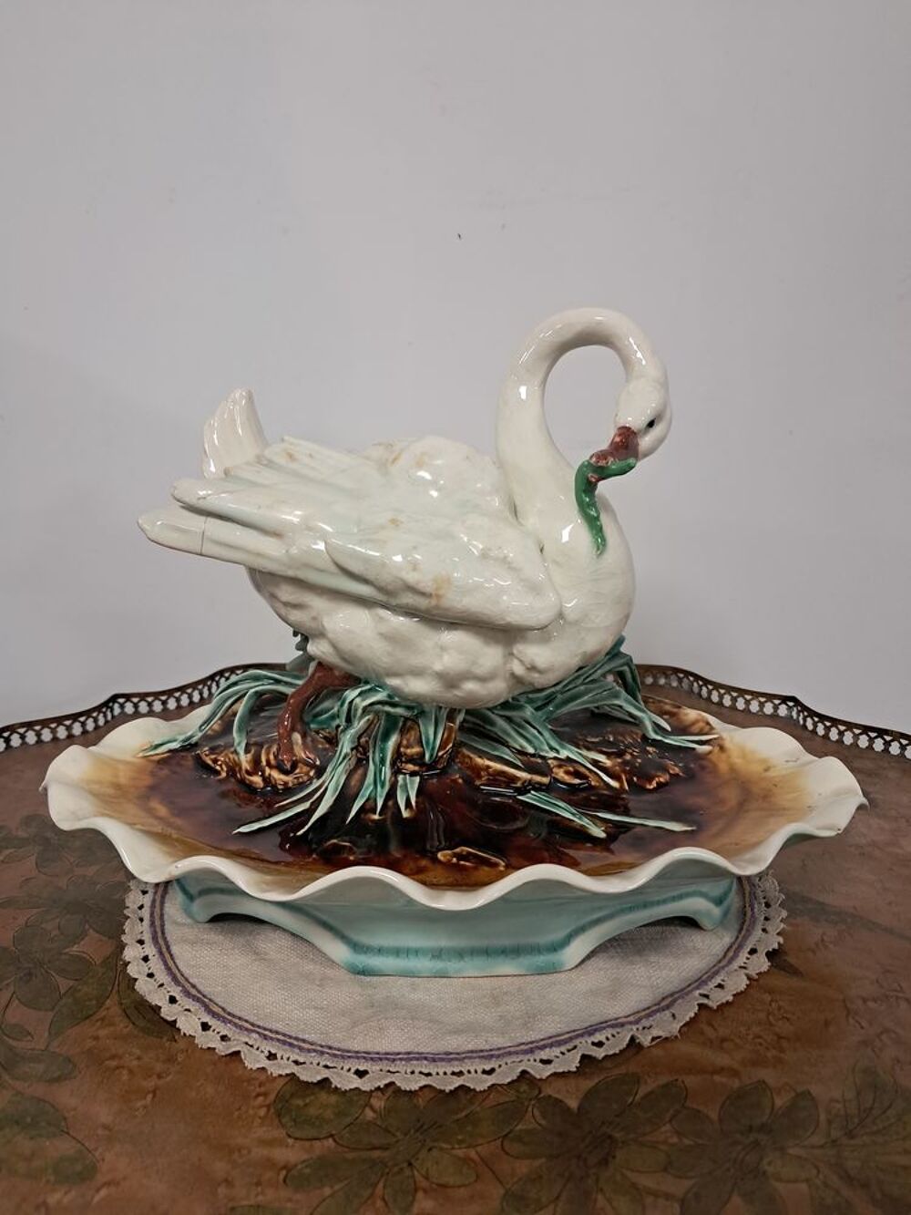 Encrier, Cygne en fa&iuml;ence ancien Décoration