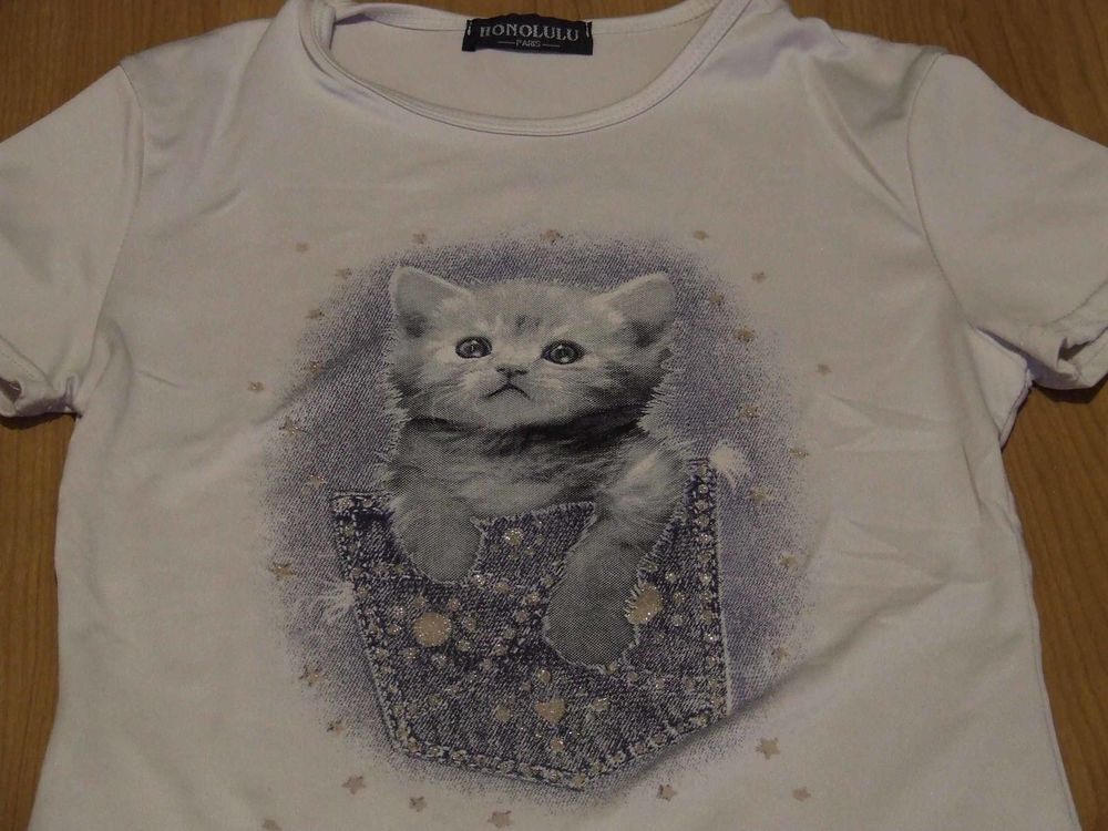 Tee-shirt manches courtes, Blanc motif chat, 8&nbsp;ans, TBE Vêtements enfants