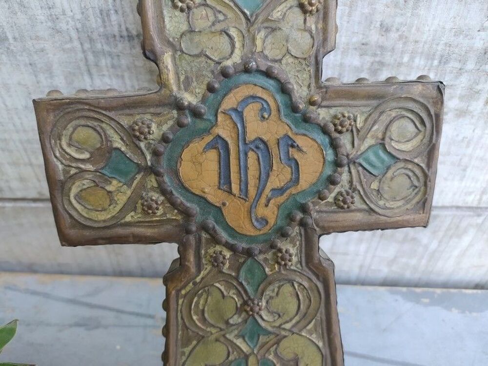 Ancienne Croix Grecque Laiton &Eacute;mail sur Bois Antique Greek 