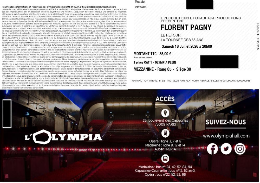 Billets concert Florent PAGNY &agrave; l'Olympia Billetterie