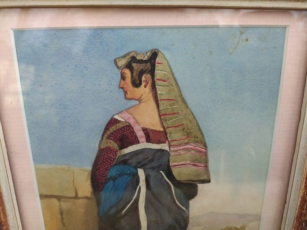 Tableau Aquarelle Costume Traditionnel Italien Italie XIX&egrave;me 