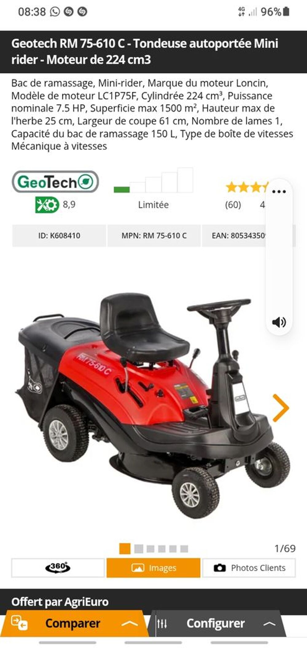 Tondeuse autoportee Minirider casi neuve Jardin