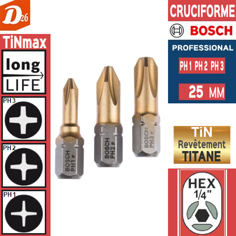3 embouts de vissage BOSCH PH1 PH2 PH3 au NITRURE de TITANE 3 26290 Les granges-gontardes