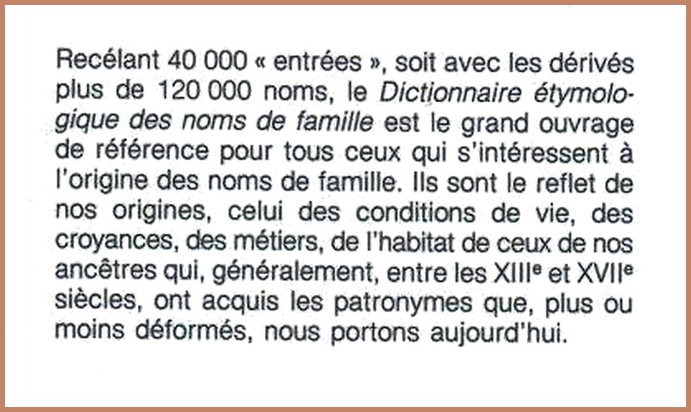 DICTIONNAIRE &Eacute;TYMOLOGIQUE DES NOMS DE FAMILLE Livres et BD
