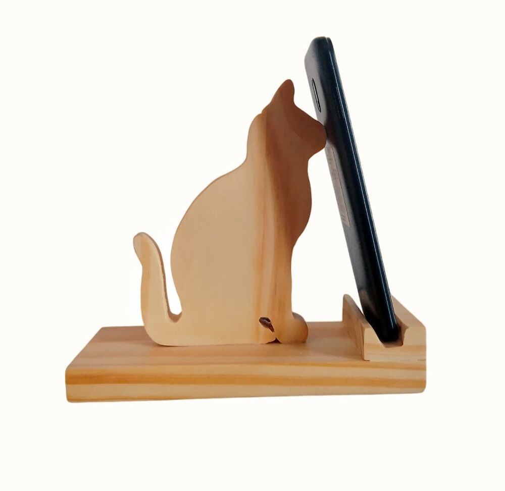 Support t&eacute;l&eacute;phone et tablette en bois avec figurine chat Décoration