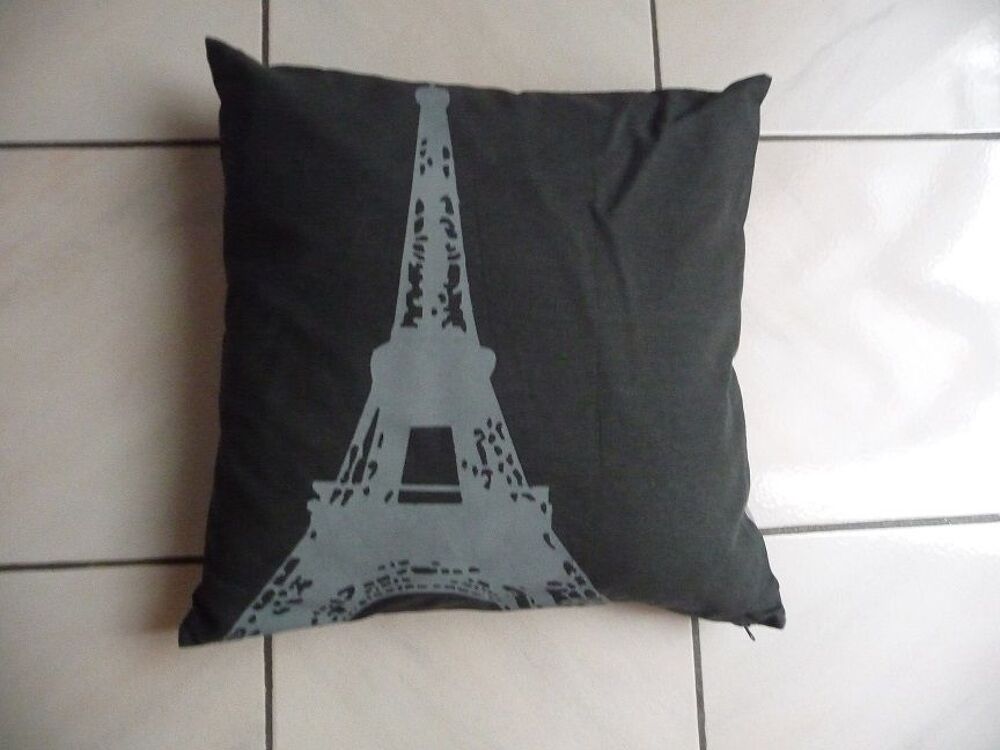 Coussin r&eacute;versible tissu gris motif Tour Eiffel - NEUF Décoration