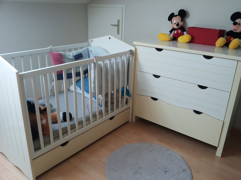 Commode &agrave; 3 Tiroirs Larges- bois Ch&ecirc;ne Ecru/Blanc- "Sauthon" Mobilier enfants