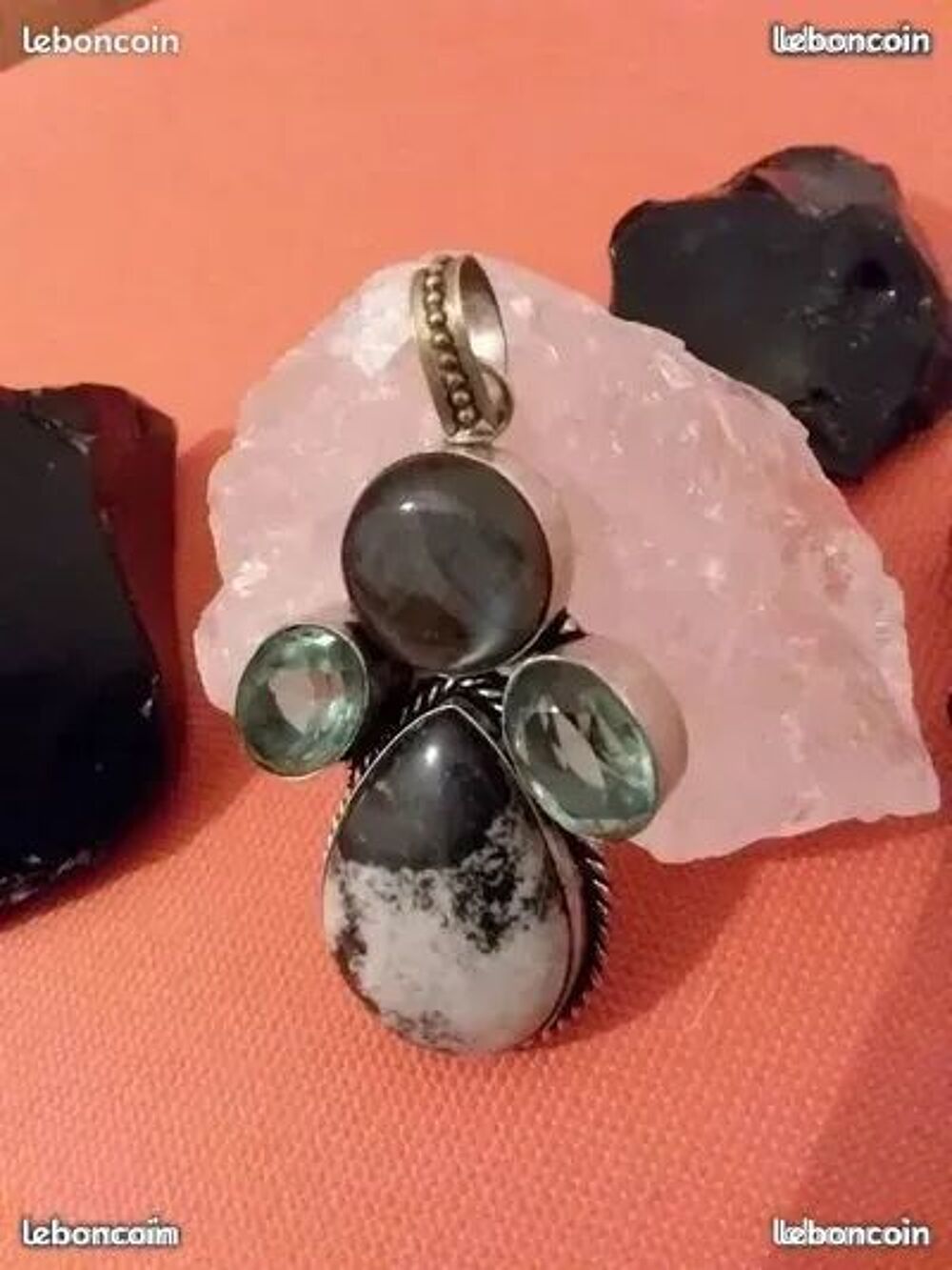 Pendentif argent en jaspe s&eacute;same labradorite et quartz vert Bijoux et montres