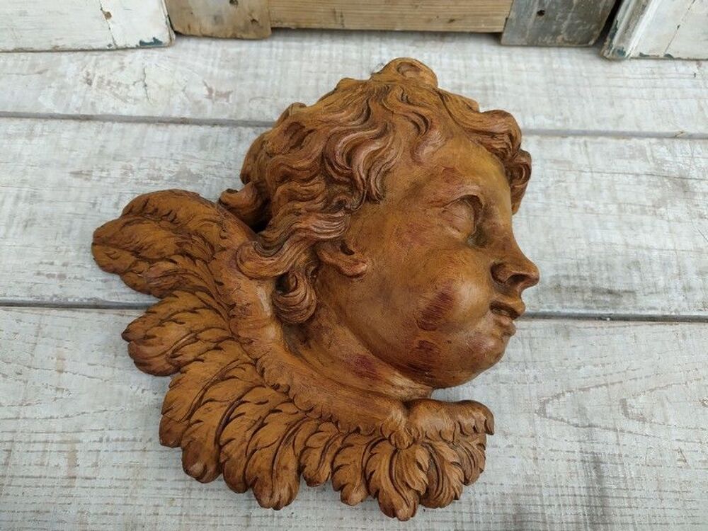 Ancienne Sculpture T&ecirc;te Ange Angelot Bois Sculpt&eacute; 