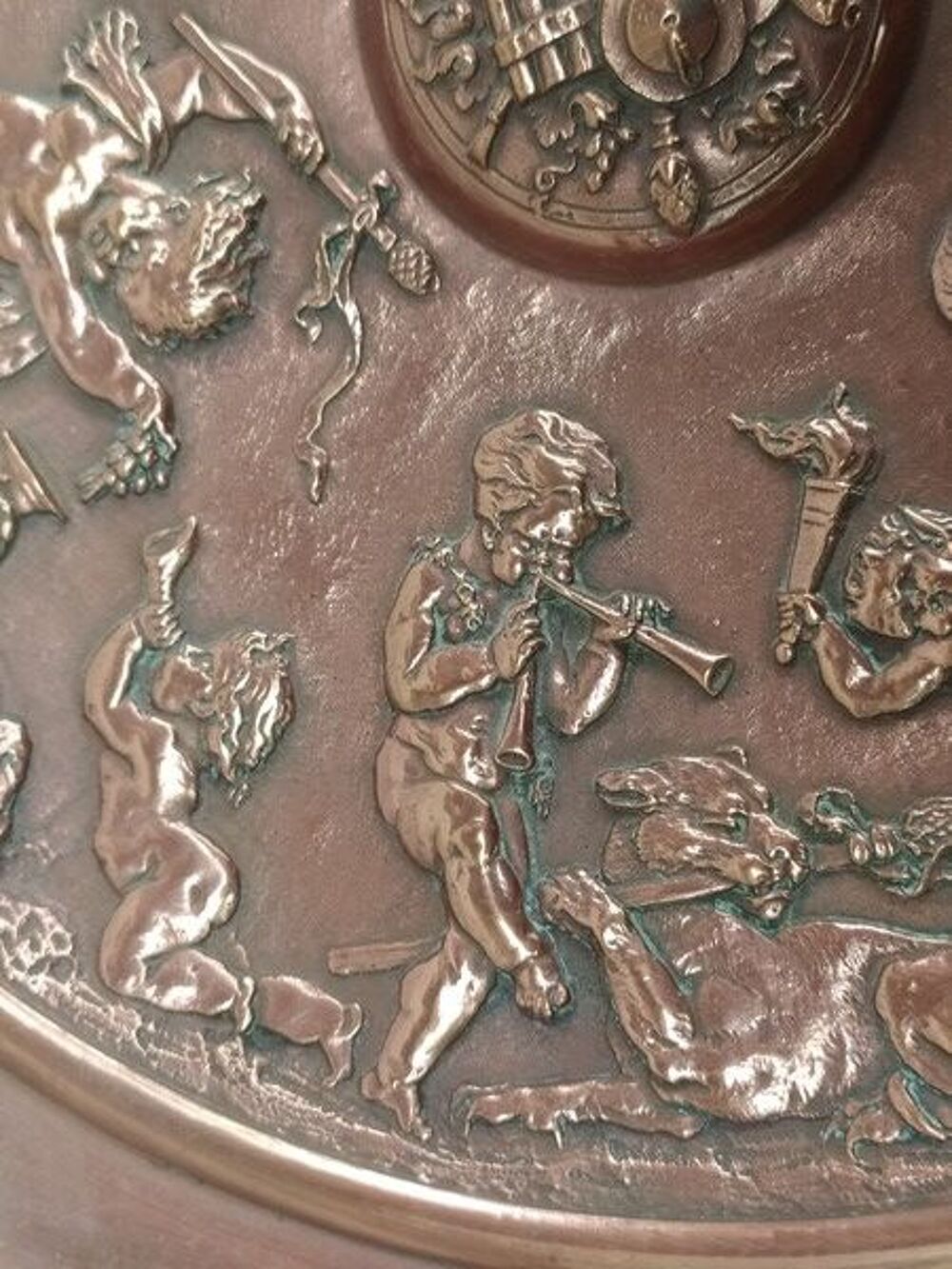 Ancien Plat Cuivre Faunes Bacchanale Style Clodion 