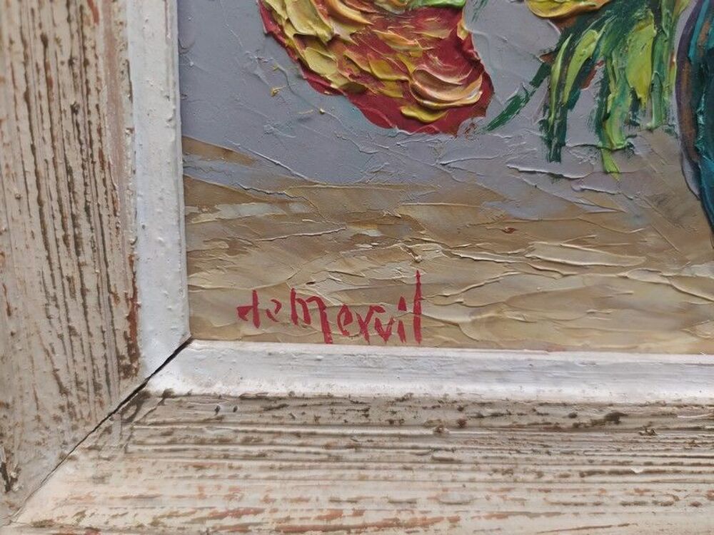 Tableau Nature Morte Fleurs Oeillets Sign&eacute; De Mervil 