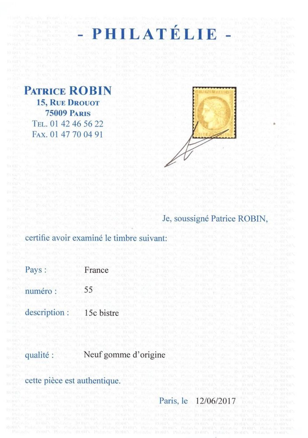 Timbre France classique neuf* n&deg;55 cote 725 € sign&eacute; Calv&egrave;s 