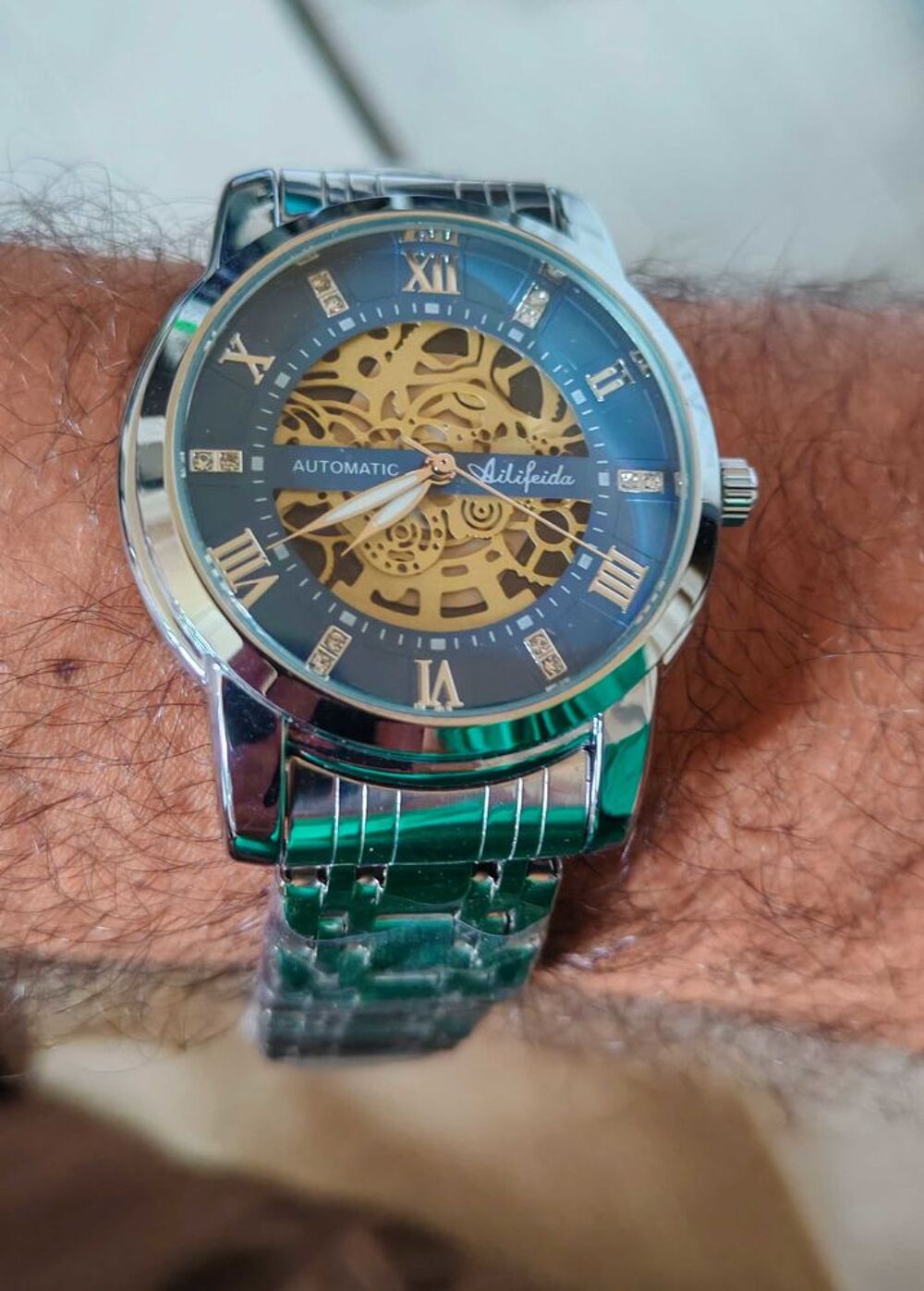 Montre automatique homme €" Cadran squelette bleu &amp; dor&eacute; Bijoux et montres