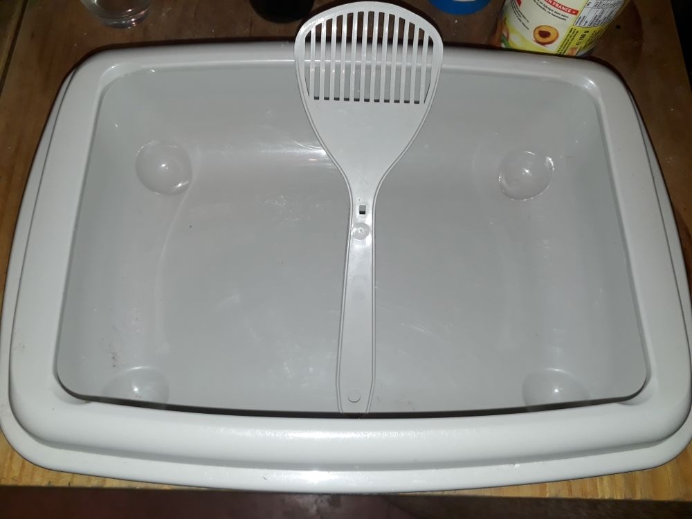 Liti&egrave;re pour chat grise avec pelle neuve d&eacute;j&agrave; servie Décoration