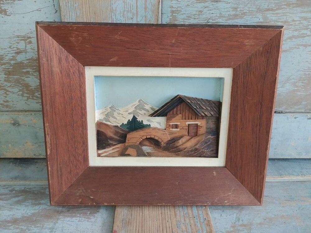 Tableau Chalet Bois Sculpt&eacute; Art Populaire Montagne 1950 Décoration