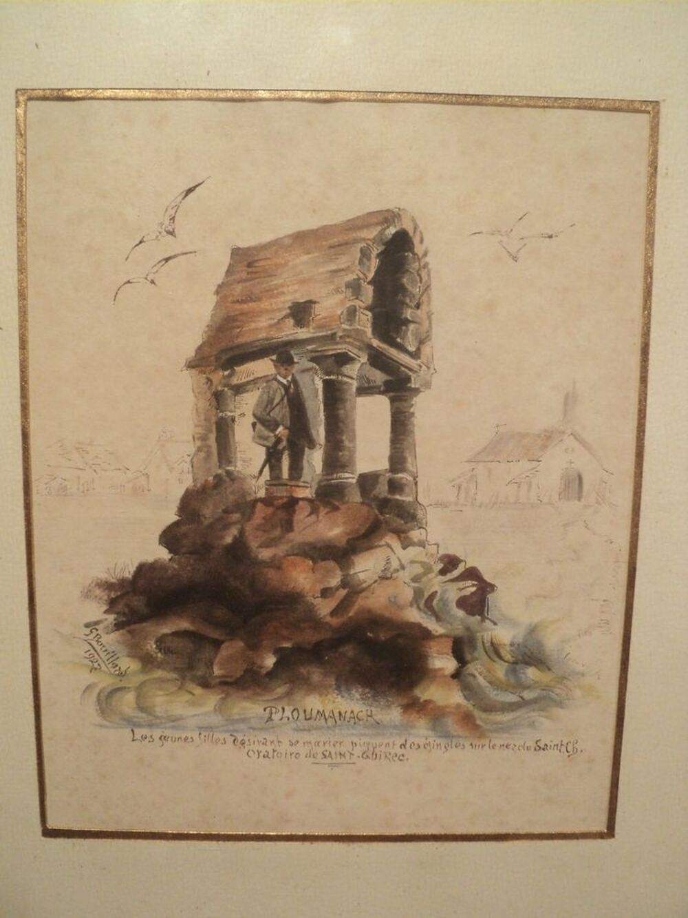 Tableau Dessin Aquarelle Ploumanach Bretagne Sign&eacute; Décoration