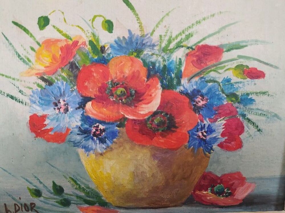 Tableau Bouquet de Fleurs Coquelicots Bleuets Sign&eacute; L. Dior 
