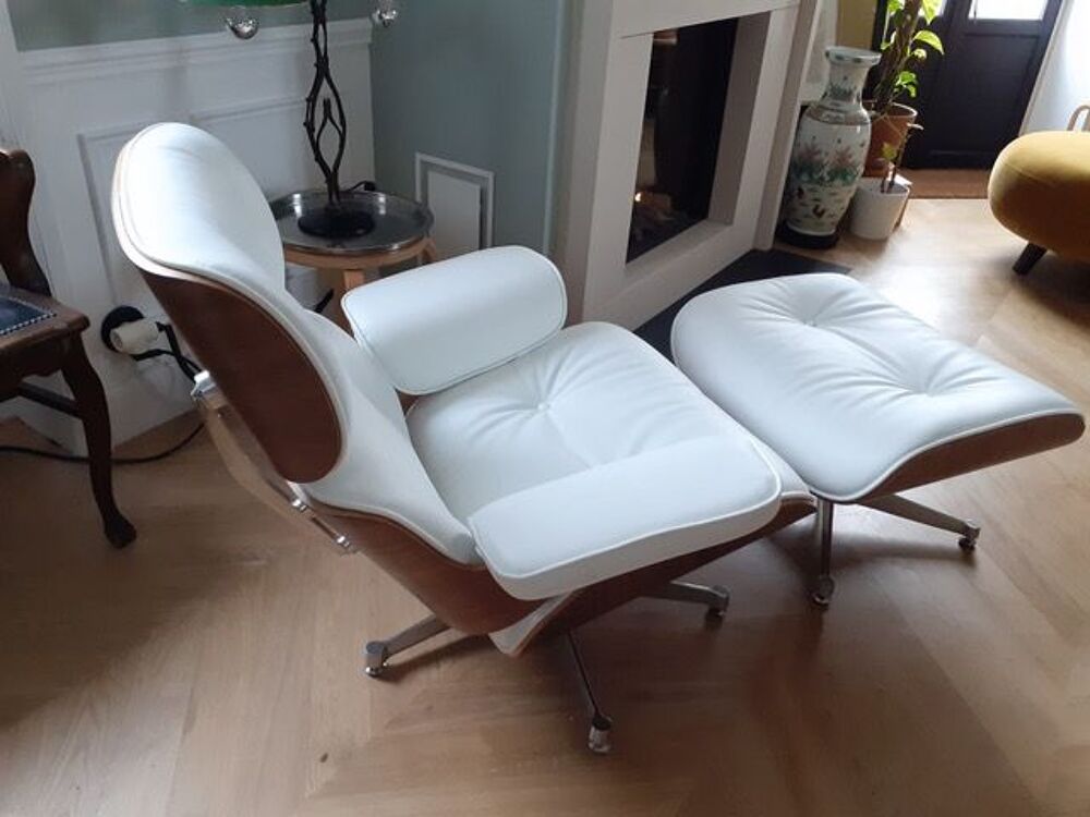 Fauteuil Relax Ottoman Cuir Blanc Noyer Eames Salon Meubles