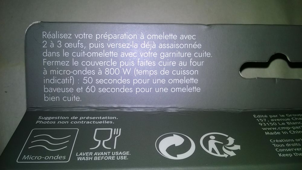 Cuit omelette micro-ondes
NEUF
Sous emballage
Marque COOK Cuisine