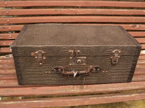 Ancienne Petite Valise Bois Toile Peau de Reptile 40 Loches (37)