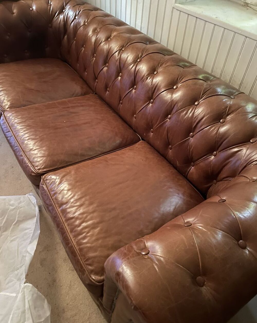 Canap&eacute;-lit 3 places en cuir marron - Chesterfield-quasi-neu Meubles
