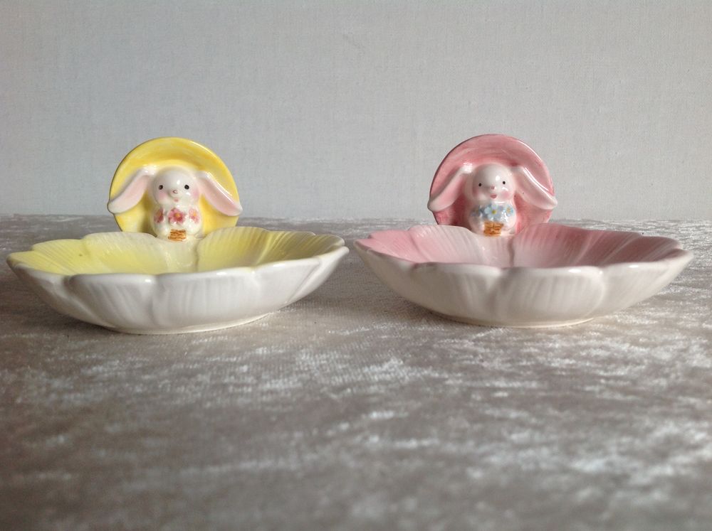 DEUX VIDE POCHE LAPIN C&Eacute;RAMIQUE ROSE ET JAUNE Envoi Possible Décoration