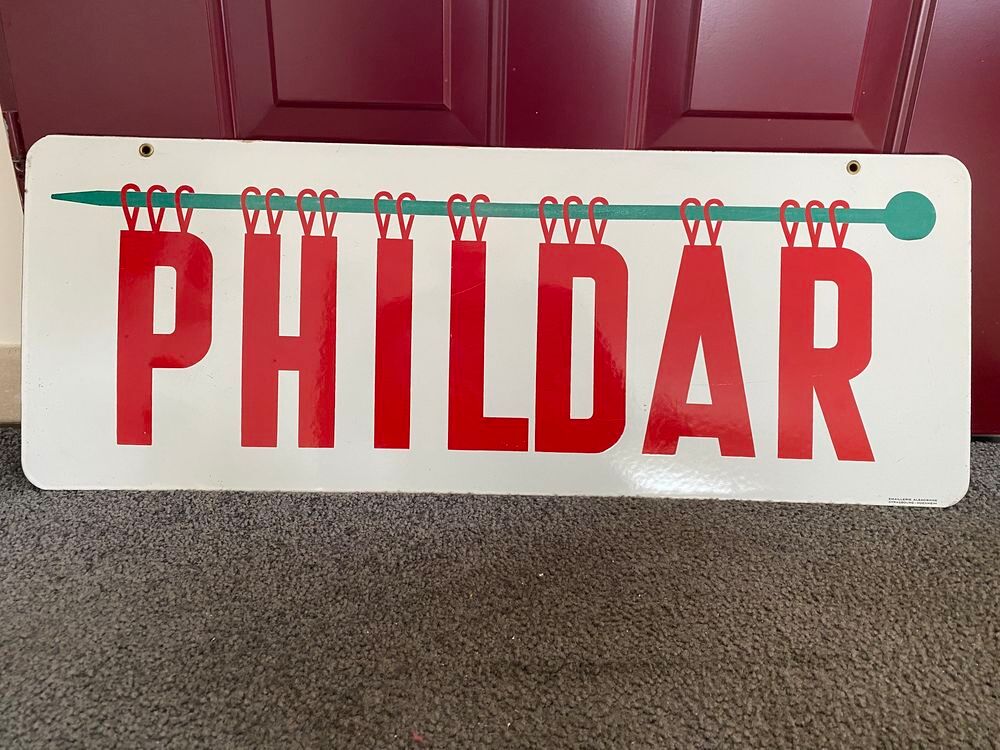 ANCIENNE-PLAQUE-EMAILLEE-PHILDAR-DOUBLE-FACE-mercerie-ancien 