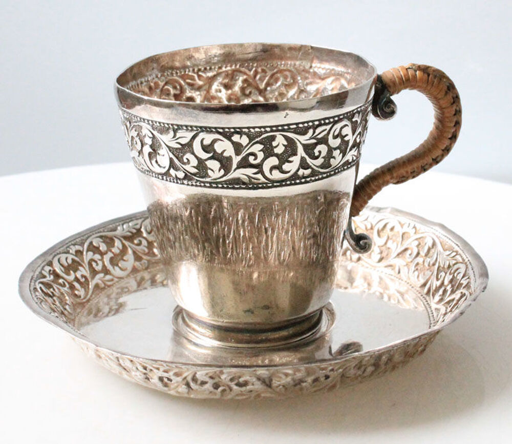 ANCIENNE TASSE ET ASSIETTE SOUCOUPE EN ARGENT 19&egrave;me Dcoration