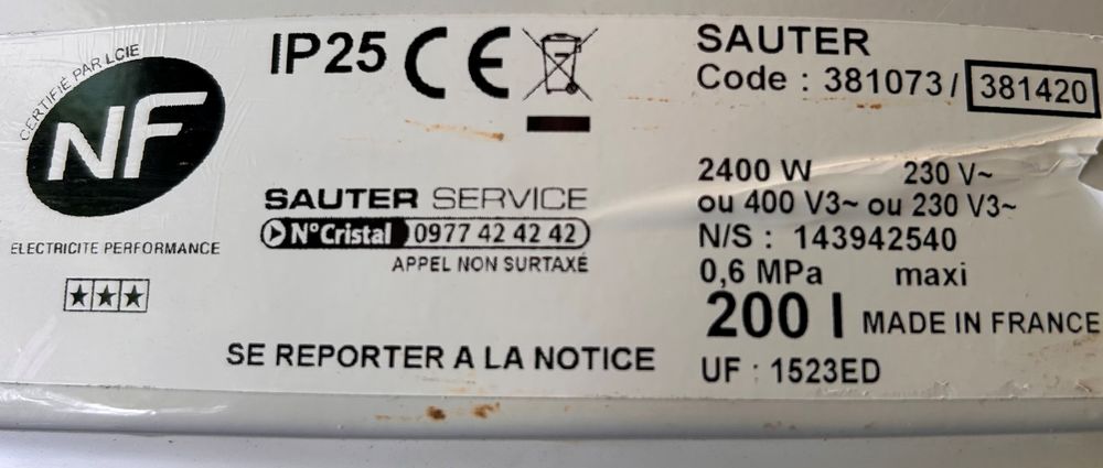 Chauffe-eau Sauter 200 l 150x52x52cm vertical mural Electroménager